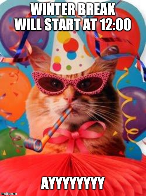 Cat Celebration! | WINTER BREAK WILL START AT 12:00; AYYYYYYYY | image tagged in cat celebration | made w/ Imgflip meme maker