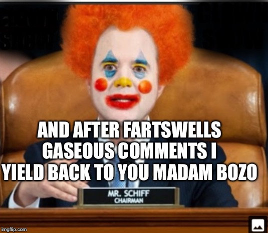 Insane Schiffty Clownshit | AND AFTER FARTSWELLS GASEOUS COMMENTS I YIELD BACK TO YOU MADAM BOZO | image tagged in insane schiffty clownshit | made w/ Imgflip meme maker