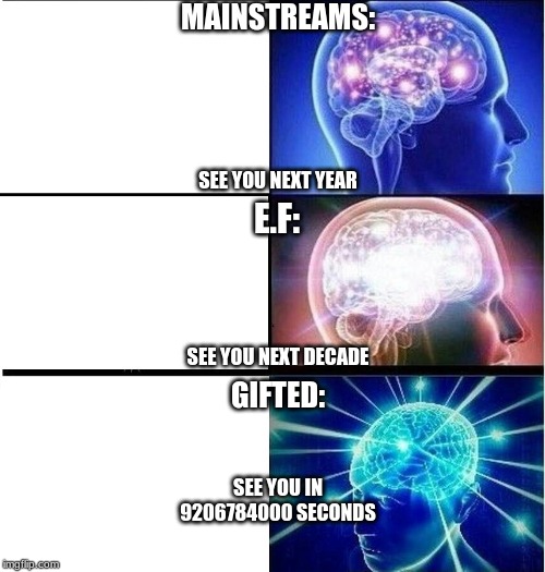 Expanding brain 3 panels | MAINSTREAMS:; SEE YOU NEXT YEAR; E.F:; SEE YOU NEXT DECADE; GIFTED:; SEE YOU IN 9206784000 SECONDS | image tagged in expanding brain 3 panels | made w/ Imgflip meme maker