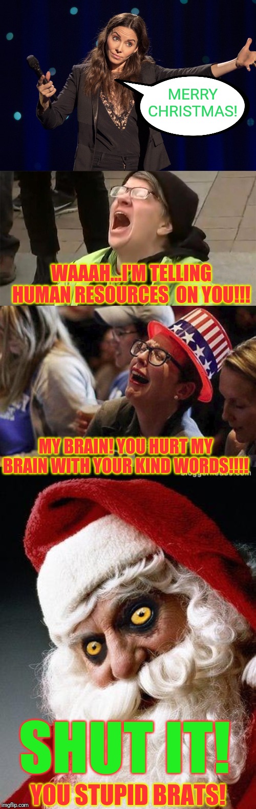 It's a good old fashioned triggered Christmas | MERRY CHRISTMAS! WAAAH...I'M TELLING HUMAN RESOURCES  ON YOU!!! MY BRAIN! YOU HURT MY BRAIN WITH YOUR KIND WORDS!!!! SHUT IT! YOU STUPID BRATS! | image tagged in evil santa,crying liberal,whitney cummings,special kind of stupid,libtards,merry christmas | made w/ Imgflip meme maker