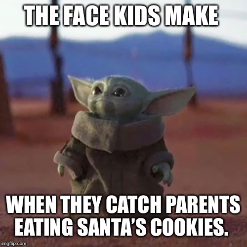 Baby Yoda | THE FACE KIDS MAKE; WHEN THEY CATCH PARENTS EATING SANTA’S COOKIES. | image tagged in baby yoda | made w/ Imgflip meme maker