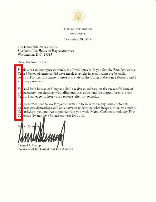 Trump's letter to Pelosi 12/20/2019 | image tagged in potus45,letter,nancy pelosi is crazy,nancy pelosi wtf,crying democrats,triggered liberal | made w/ Imgflip meme maker