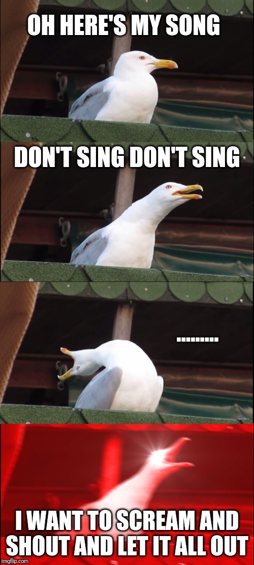 Inhaling Seagull Meme | OH HERE'S MY SONG; DON'T SING DON'T SING; ......... I WANT TO SCREAM AND SHOUT AND LET IT ALL OUT | image tagged in memes,inhaling seagull | made w/ Imgflip meme maker