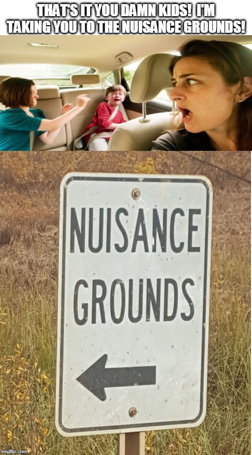 Sign seen in Canada.  Where bad Canadian kids are disposed. | THAT'S IT YOU DAMN KIDS!  I'M TAKING YOU TO THE NUISANCE GROUNDS! | image tagged in memes,canada,mothers | made w/ Imgflip meme maker