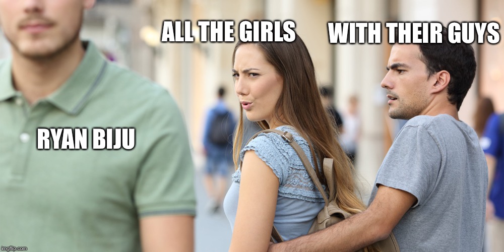 Distracted girlfriend | WITH THEIR GUYS; ALL THE GIRLS; RYAN BIJU | image tagged in distracted girlfriend | made w/ Imgflip meme maker