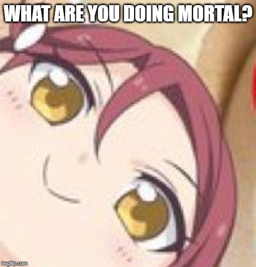 RikoPeek | WHAT ARE YOU DOING MORTAL? | image tagged in love live,fun,memes | made w/ Imgflip meme maker