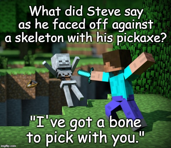 I've got a bone | What did Steve say as he faced off against a skeleton with his pickaxe? "I've got a bone to pick with you." | image tagged in minecraft | made w/ Imgflip meme maker