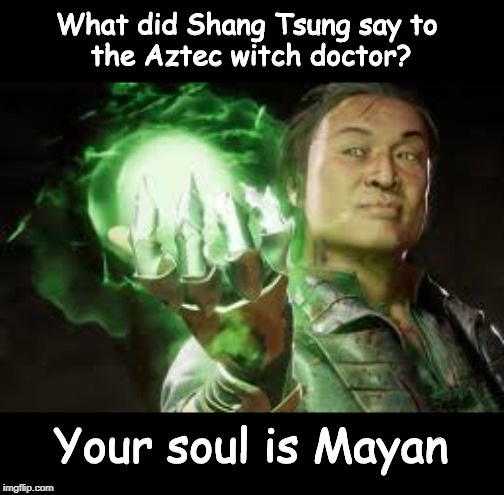 Shang Tsung | What did Shang Tsung say to 
the Aztec witch doctor? Your soul is Mayan | image tagged in mortal kombat | made w/ Imgflip meme maker