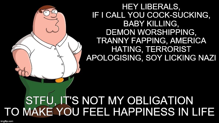 Peter Griffin explains | HEY LIBERALS, IF I CALL YOU COCK-SUCKING, BABY KILLING, DEMON WORSHIPPING, TRANNY FAPPING, AMERICA HATING, TERRORIST APOLOGISING, SOY LICKIN | image tagged in peter griffin explains | made w/ Imgflip meme maker