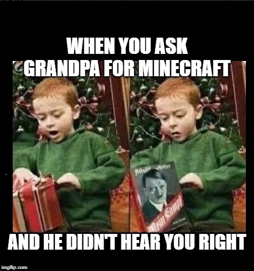 Oops, Grandpa Messed Up |  WHEN YOU ASK GRANDPA FOR MINECRAFT; AND HE DIDN'T HEAR YOU RIGHT | image tagged in christmas,present,minecraft,mein kamph | made w/ Imgflip meme maker