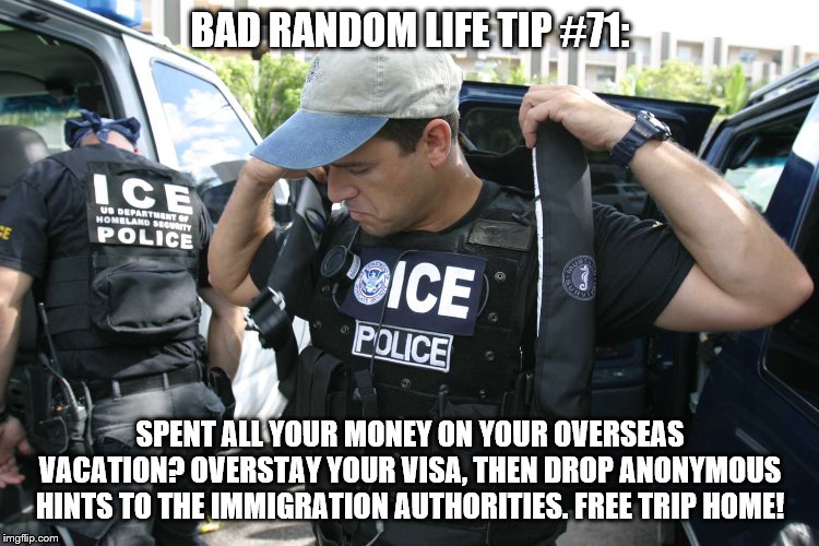 Illegal Immigration | BAD RANDOM LIFE TIP #71:; SPENT ALL YOUR MONEY ON YOUR OVERSEAS VACATION? OVERSTAY YOUR VISA, THEN DROP ANONYMOUS HINTS TO THE IMMIGRATION AUTHORITIES. FREE TRIP HOME! | image tagged in illegal immigration | made w/ Imgflip meme maker