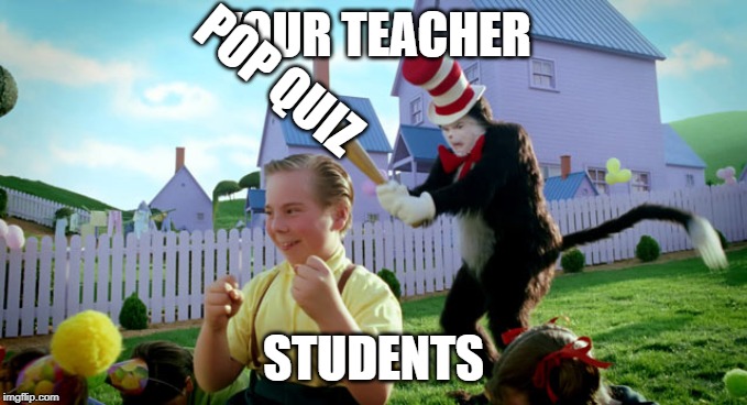 Cat in the hat with a bat. (______ Colorized) | YOUR TEACHER; POP QUIZ; STUDENTS | image tagged in cat in the hat with a bat ______ colorized | made w/ Imgflip meme maker