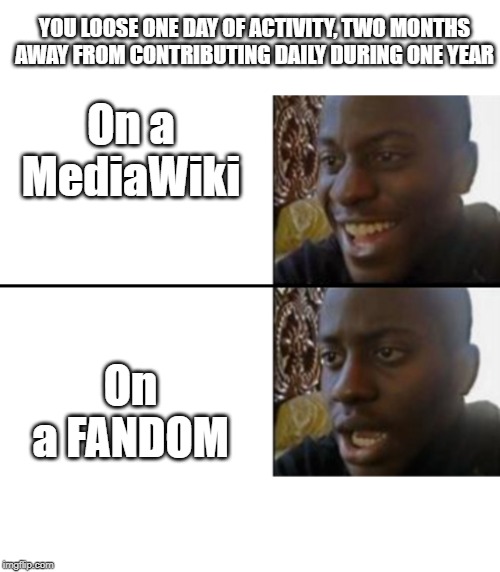 Oh yeah! Oh no... | YOU LOOSE ONE DAY OF ACTIVITY, TWO MONTHS AWAY FROM CONTRIBUTING DAILY DURING ONE YEAR; On a MediaWiki; On a FANDOM | image tagged in oh yeah oh no | made w/ Imgflip meme maker
