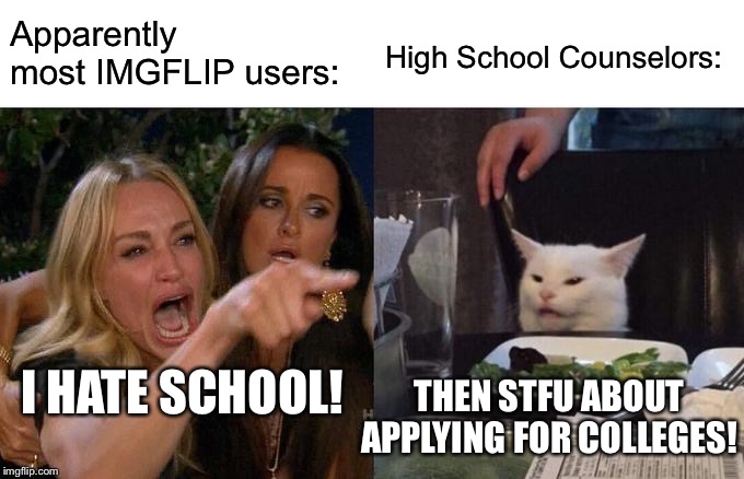 Woman Yelling At Cat Meme | Apparently most IMGFLIP users:; High School Counselors:; I HATE SCHOOL! THEN STFU ABOUT APPLYING FOR COLLEGES! | image tagged in memes,woman yelling at cat | made w/ Imgflip meme maker