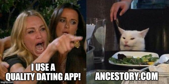 ANCESTORY.COM; I USE A QUALITY DATING APP! | image tagged in woman yelling at cat | made w/ Imgflip meme maker