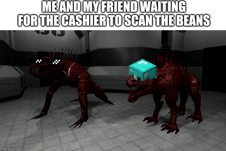 Good SCP 939's | ME AND MY FRIEND WAITING FOR THE CASHIER TO SCAN THE BEANS | image tagged in good scp 939's,scp | made w/ Imgflip meme maker