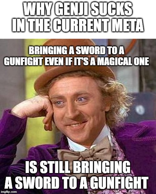 Overwatch Facts | WHY GENJI SUCKS IN THE CURRENT META; BRINGING A SWORD TO A GUNFIGHT EVEN IF IT'S A MAGICAL ONE; IS STILL BRINGING A SWORD TO A GUNFIGHT | image tagged in memes,creepy condescending wonka,overwatch,gaming | made w/ Imgflip meme maker