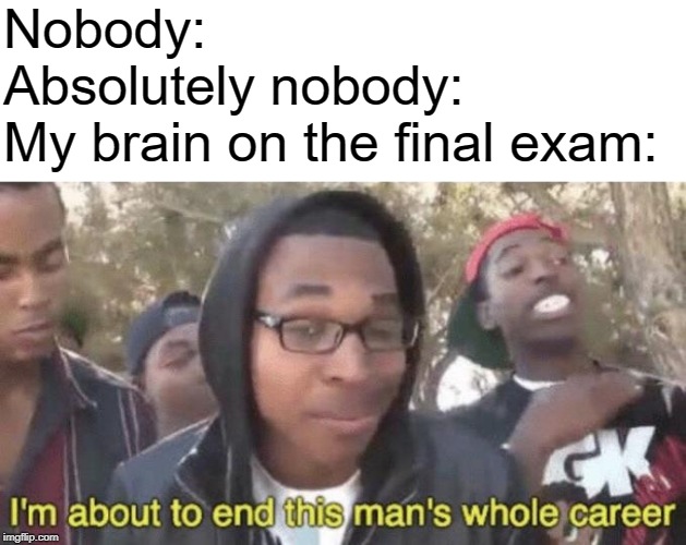 I’m about to end this man’s whole career | Nobody:
Absolutely nobody:
My brain on the final exam: | image tagged in im about to end this mans whole career | made w/ Imgflip meme maker