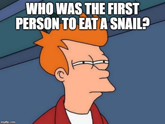 hummmmm |  WHO WAS THE FIRST PERSON TO EAT A SNAIL? | image tagged in memes,futurama fry | made w/ Imgflip meme maker