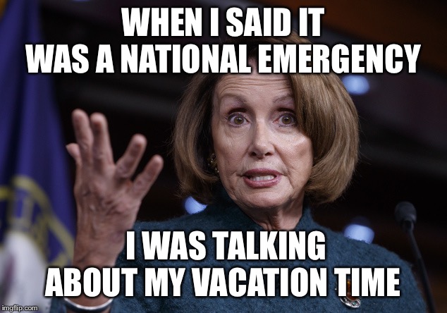 Good old Nancy Pelosi | WHEN I SAID IT WAS A NATIONAL EMERGENCY I WAS TALKING ABOUT MY VACATION TIME | image tagged in good old nancy pelosi | made w/ Imgflip meme maker