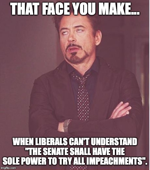 The Constitution is quite clear on this point. | THAT FACE YOU MAKE... WHEN LIBERALS CAN'T UNDERSTAND "THE SENATE SHALL HAVE THE SOLE POWER TO TRY ALL IMPEACHMENTS". | image tagged in 2019,impeachment,liberals,idiots,liars,morons | made w/ Imgflip meme maker