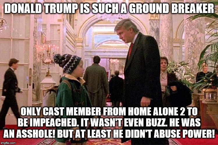Trump Home Alone 2 | DONALD TRUMP IS SUCH A GROUND BREAKER; ONLY CAST MEMBER FROM HOME ALONE 2 TO BE IMPEACHED. IT WASN'T EVEN BUZZ. HE WAS AN ASSHOLE! BUT AT LEAST HE DIDN'T ABUSE POWER! | image tagged in trump home alone 2 | made w/ Imgflip meme maker