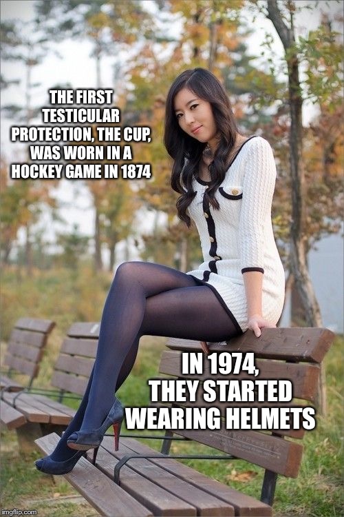 pretty asian milf | THE FIRST TESTICULAR PROTECTION, THE CUP, WAS WORN IN A HOCKEY GAME IN 1874; IN 1974, THEY STARTED WEARING HELMETS | image tagged in pretty asian milf | made w/ Imgflip meme maker