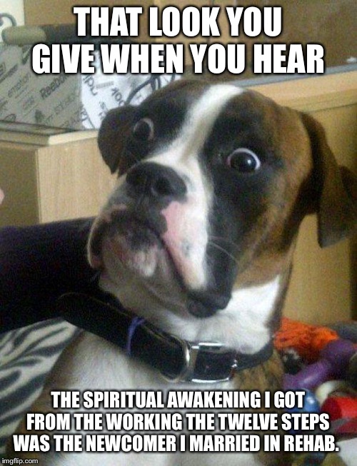 Blankie the Shocked Dog | THAT LOOK YOU GIVE WHEN YOU HEAR; THE SPIRITUAL AWAKENING I GOT FROM THE WORKING THE TWELVE STEPS WAS THE NEWCOMER I MARRIED IN REHAB. | image tagged in blankie the shocked dog | made w/ Imgflip meme maker