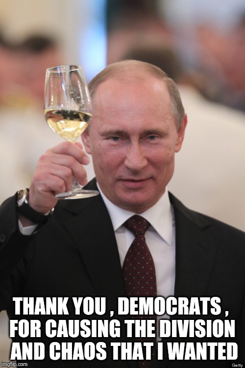 Putin cheers | THANK YOU , DEMOCRATS , 
FOR CAUSING THE DIVISION
 AND CHAOS THAT I WANTED | image tagged in putin cheers | made w/ Imgflip meme maker