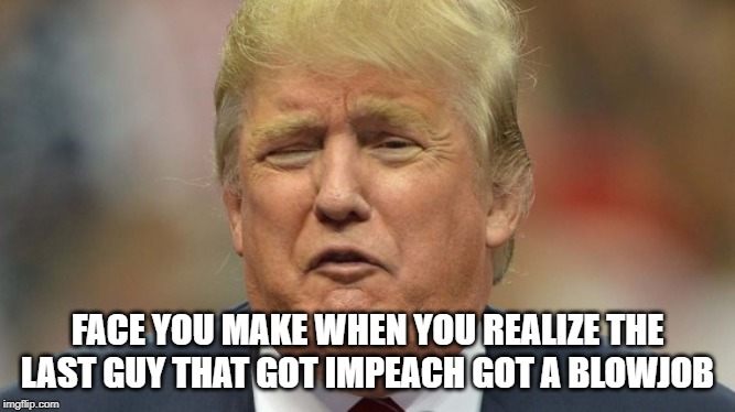 trump face 1 | FACE YOU MAKE WHEN YOU REALIZE THE LAST GUY THAT GOT IMPEACH GOT A BL***OB | image tagged in trump face 1 | made w/ Imgflip meme maker