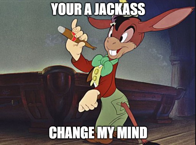 YOUR A JACKASS; CHANGE MY MIND | image tagged in politics,jackass,democrats | made w/ Imgflip meme maker