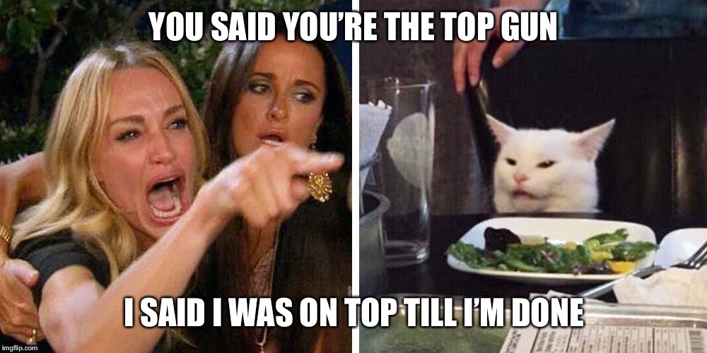 Smudge the cat | YOU SAID YOU’RE THE TOP GUN; I SAID I WAS ON TOP TILL I’M DONE | image tagged in smudge the cat | made w/ Imgflip meme maker