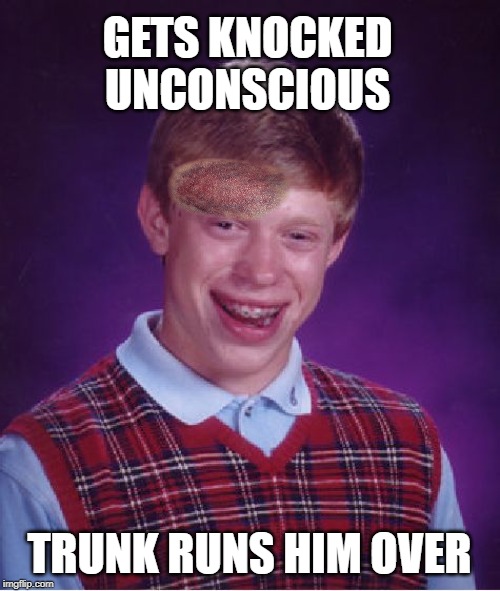Bad Luck Brian Meme | GETS KNOCKED UNCONSCIOUS TRUNK RUNS HIM OVER | image tagged in memes,bad luck brian | made w/ Imgflip meme maker