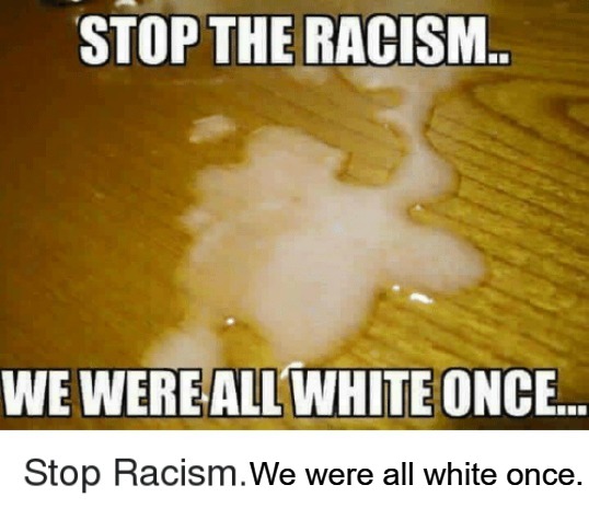 Stop the racism. We were all white once. | We were all white once. | image tagged in no racism,stop the racism,we were all white once,jizz in my pants,jizz on the table,jerking off | made w/ Imgflip meme maker