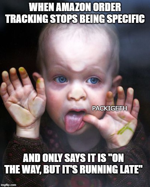 when Amazon is late with your package | WHEN AMAZON ORDER TRACKING STOPS BEING SPECIFIC; PACKIGETH; AND ONLY SAYS IT IS "ON THE WAY, BUT IT'S RUNNING LATE" | image tagged in delivery,amazon,glass,funny | made w/ Imgflip meme maker
