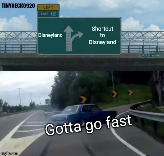 Gotta get to Dinseyland as quick as possible | TINYGECKO920; Disneyland; Shortcut to Disneyland; Gotta go fast | image tagged in memes,left exit 12 off ramp,dinsey,disneyland,gotta go fast,fast | made w/ Imgflip meme maker