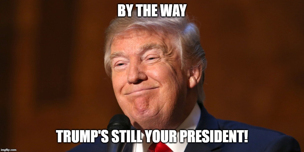 Donald Trump Smiling | BY THE WAY; TRUMP'S STILL YOUR PRESIDENT! | image tagged in donald trump smiling | made w/ Imgflip meme maker