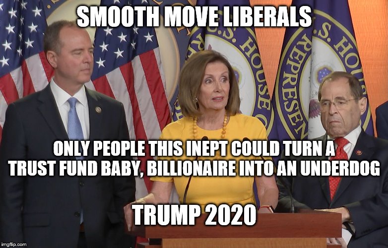 The Liberal Triumvirate has ensured 45's reelection | SMOOTH MOVE LIBERALS; ONLY PEOPLE THIS INEPT COULD TURN A TRUST FUND BABY, BILLIONAIRE INTO AN UNDERDOG; TRUMP 2020 | image tagged in schiff pelosi nadler,idiots,trump 2020,drain the swamp,republican takes the house 2020 | made w/ Imgflip meme maker