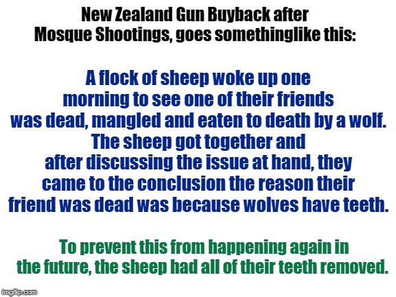 New Zealand has bought back 50,000 guns after Mosque Shootings |  New Zealand Gun Buyback after Mosque Shootings, goes somethinglike this:; A flock of sheep woke up one morning to see one of their friends was dead, mangled and eaten to death by a wolf.
The sheep got together and after discussing the issue at hand, they came to the conclusion the reason their friend was dead was because wolves have teeth. To prevent this from happening again in the future, the sheep had all of their teeth removed. | image tagged in mosque shootings,new zealand,gun buyback | made w/ Imgflip meme maker