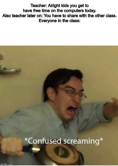 This happened one time at school. That was everyone's reaction | Teacher: Alright kids you get to have free time on the computers today.
Also teacher later on: You have to share with the other class.
Everyone in the class: | image tagged in confused screaming,school,computer,sharing | made w/ Imgflip meme maker