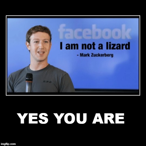 YOU ARE A LIZARD! | image tagged in demotivationals,mark zuckerberg,shapeshifting lizard,facebook,deplorable,lizard | made w/ Imgflip demotivational maker