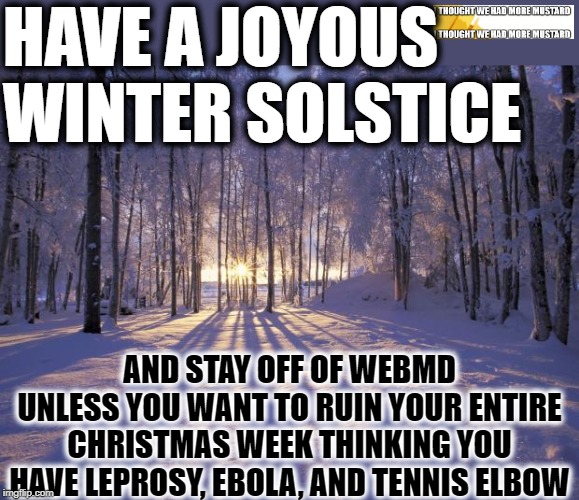 Winter Solstice, Christmas, and WebMD | HAVE A JOYOUS WINTER SOLSTICE; AND STAY OFF OF WEBMD UNLESS YOU WANT TO RUIN YOUR ENTIRE CHRISTMAS WEEK THINKING YOU HAVE LEPROSY, EBOLA, AND TENNIS ELBOW | image tagged in winter solstice | made w/ Imgflip meme maker