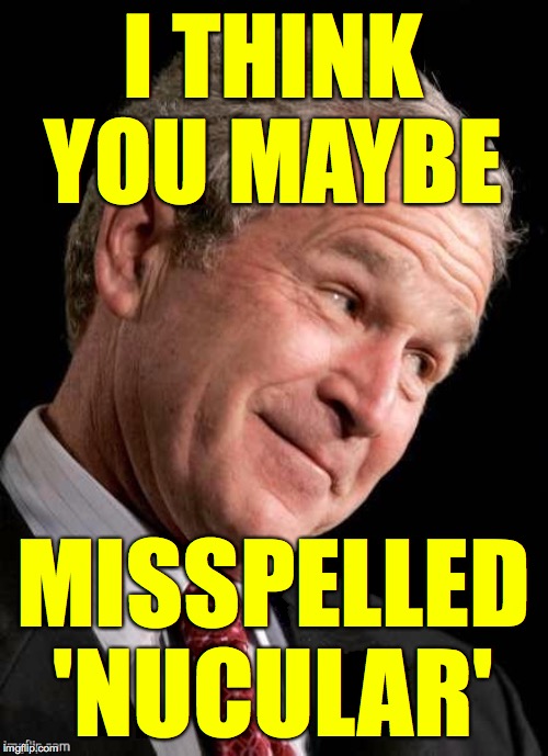 George W. Bush Blame  | I THINK YOU MAYBE MISSPELLED 'NUCULAR' | image tagged in george w bush blame | made w/ Imgflip meme maker