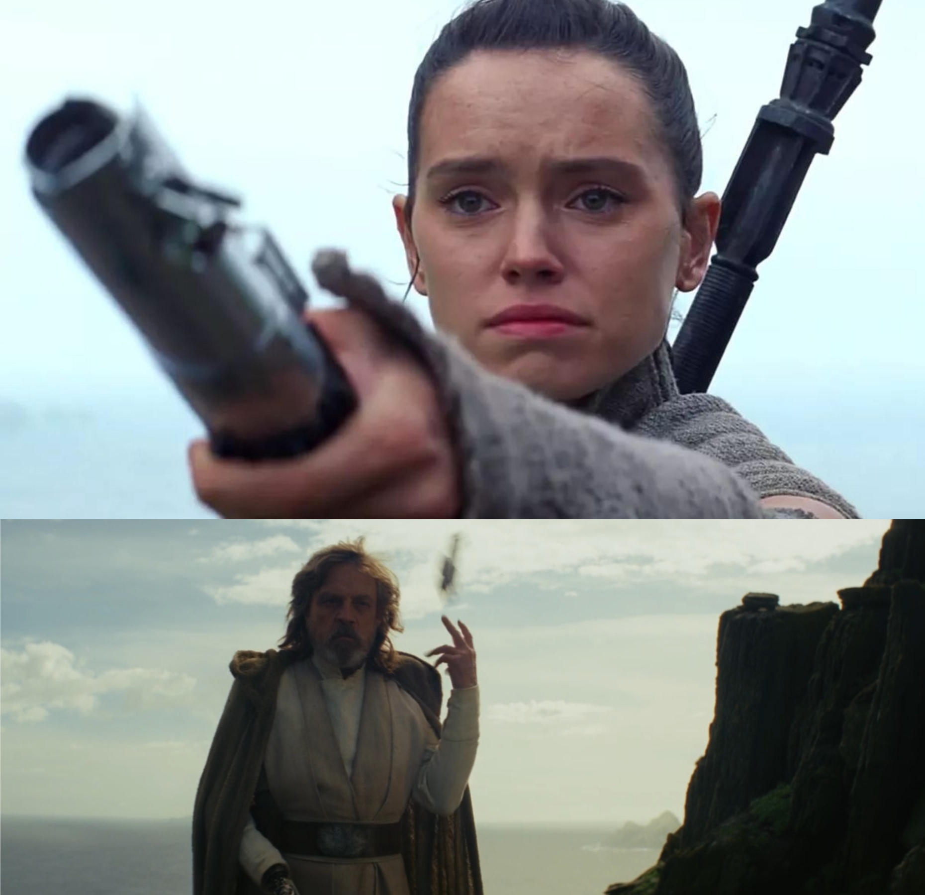 High Quality Rey handing Luke his lightsaber Blank Meme Template
