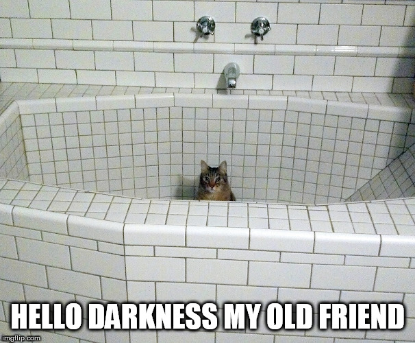 HELLO DARKNESS MY OLD FRIEND | image tagged in empty bath cat,hello darkness my old friend | made w/ Imgflip meme maker