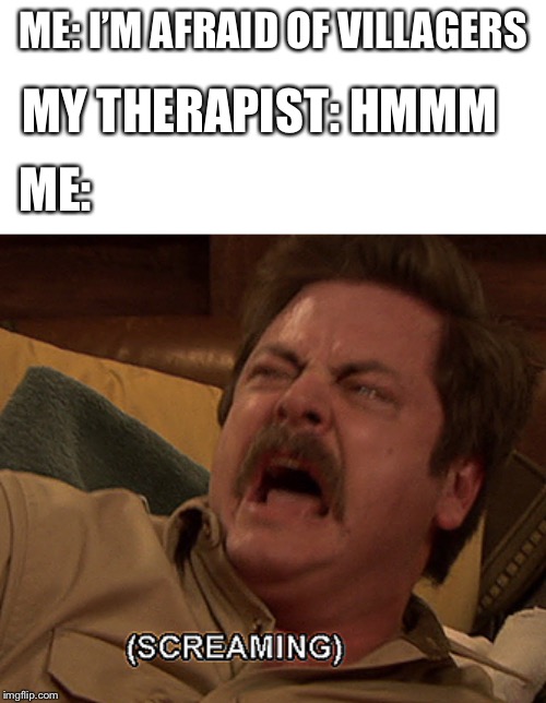 Ron Swanson screaming | ME: I’M AFRAID OF VILLAGERS; MY THERAPIST: HMMM; ME: | image tagged in ron swanson screaming | made w/ Imgflip meme maker