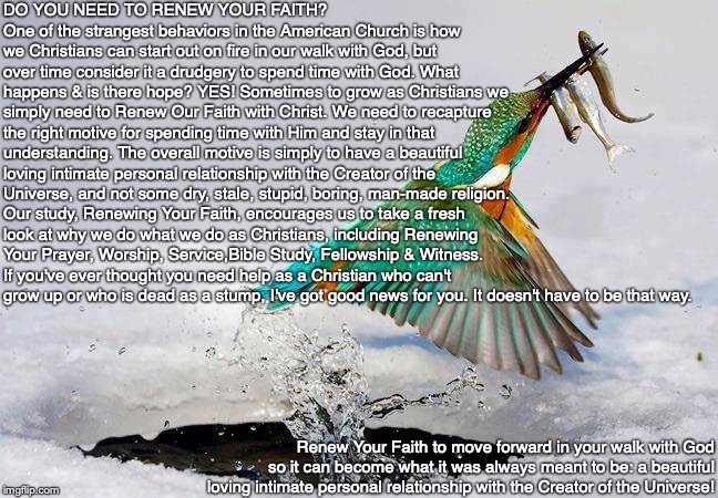 DO YOU NEED TO RENEW YOUR FAITH?
One of the strangest behaviors in the American Church is how we Christians can start out on fire in our walk with God, but over time consider it a drudgery to spend time with God. What happens & is there hope? YES! Sometimes to grow as Christians we simply need to Renew Our Faith with Christ. We need to recapture the right motive for spending time with Him and stay in that understanding. The overall motive is simply to have a beautiful loving intimate personal relationship with the Creator of the Universe, and not some dry, stale, stupid, boring, man-made religion. Our study, Renewing Your Faith, encourages us to take a fresh look at why we do what we do as Christians, including Renewing Your Prayer, Worship, Service,Bible Study, Fellowship & Witness. If you've ever thought you need help as a Christian who can't grow up or who is dead as a stump, I've got good news for you. It doesn't have to be that way. Renew Your Faith to move forward in your walk with God so it can become what it was always meant to be: a beautiful loving intimate personal relationship with the Creator of the Universe! | image tagged in security,bible,christian,god,jesus,eternal | made w/ Imgflip meme maker