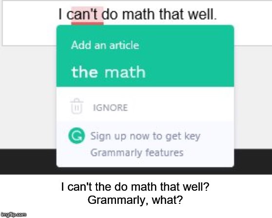 I can't the do math that well?
Grammarly, what? | made w/ Imgflip meme maker
