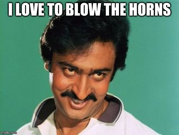 pervert look | I LOVE TO BLOW THE HORNS | image tagged in pervert look | made w/ Imgflip meme maker