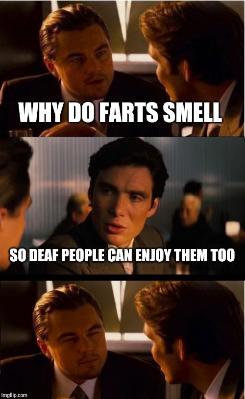 Inception | WHY DO FARTS SMELL; SO DEAF PEOPLE CAN ENJOY THEM TOO | image tagged in memes,inception | made w/ Imgflip meme maker